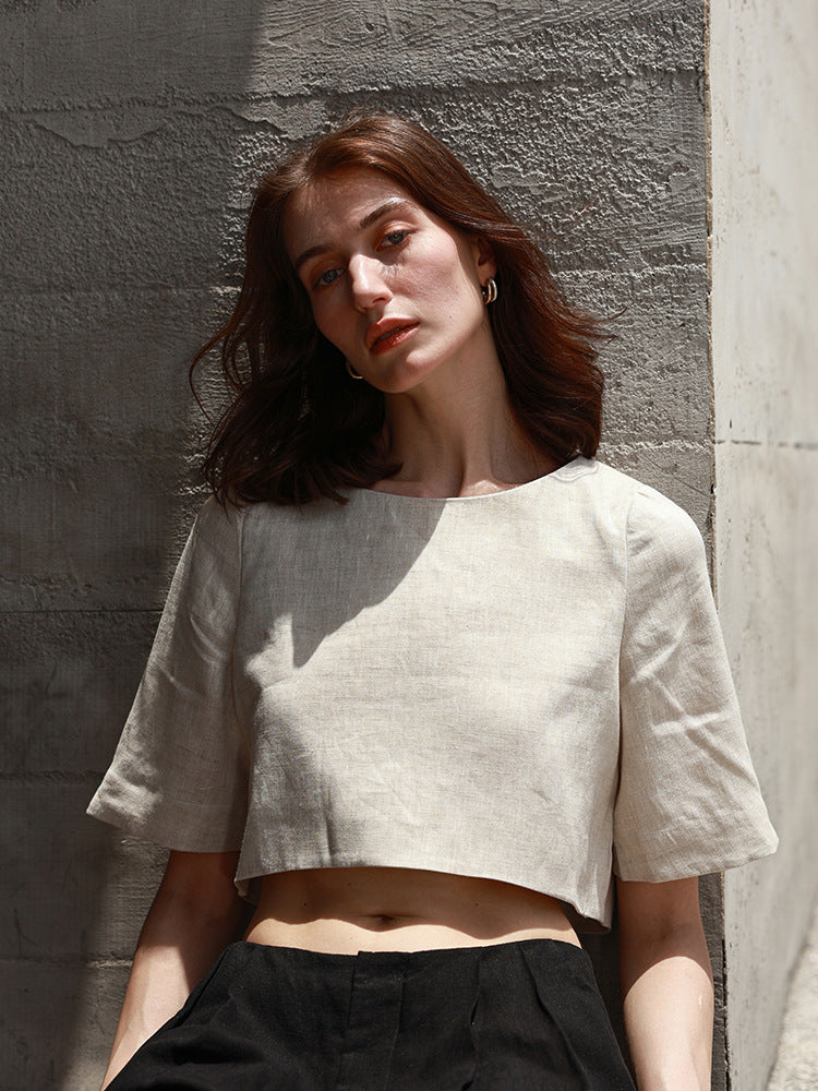 Short Linen Top Mid-Sleeve Women's Summer Round Neck Five-Quarter Sleeve Shirt Cool Casual Simple T-Shirt