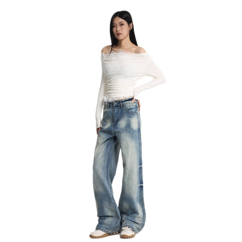 Washed Blue Bamboo Texture Flared Denim Pants Unisex Commuter Versatile Clean Fit Wide Leg Pants