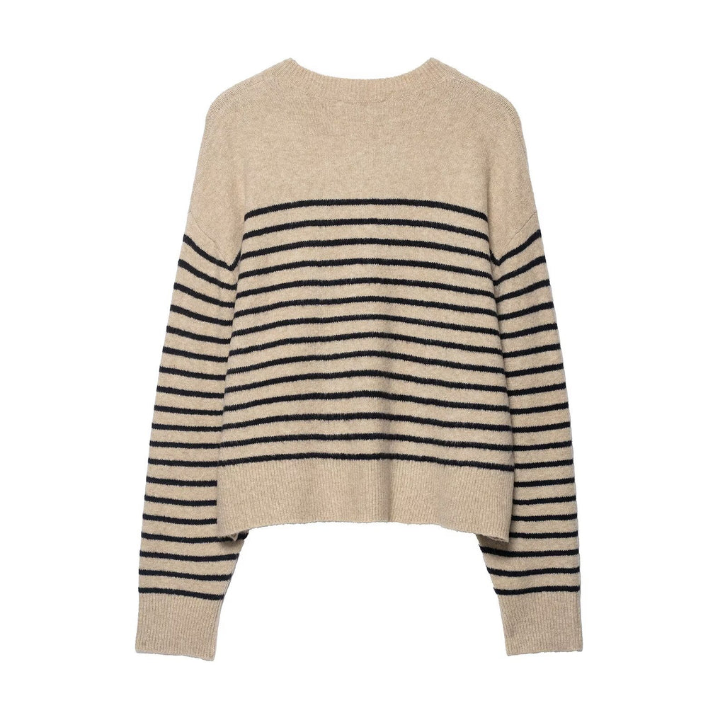 Versatile loose striped four button pullover knitted sweater for women