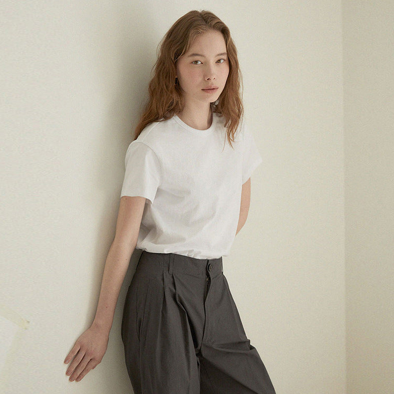 Linen Cotton Knit Women's T-Shirt Summer Round Neck Regular Shoulder Commuter Top Simple Straight Tube Fresh Linen Short Sleeve