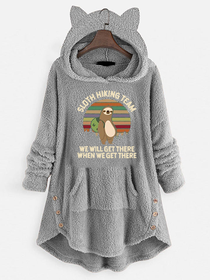 Fleece Hooded Long Sleeve Sweatshirt with Cat Ears and Print Pattern