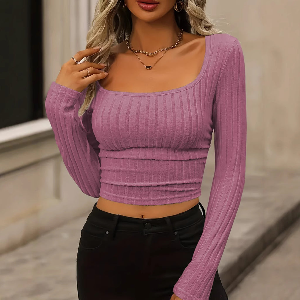 Daily Solid Color Fleece Ribbed Texture Knitted Pleated Side Slim Fit T-Shirt