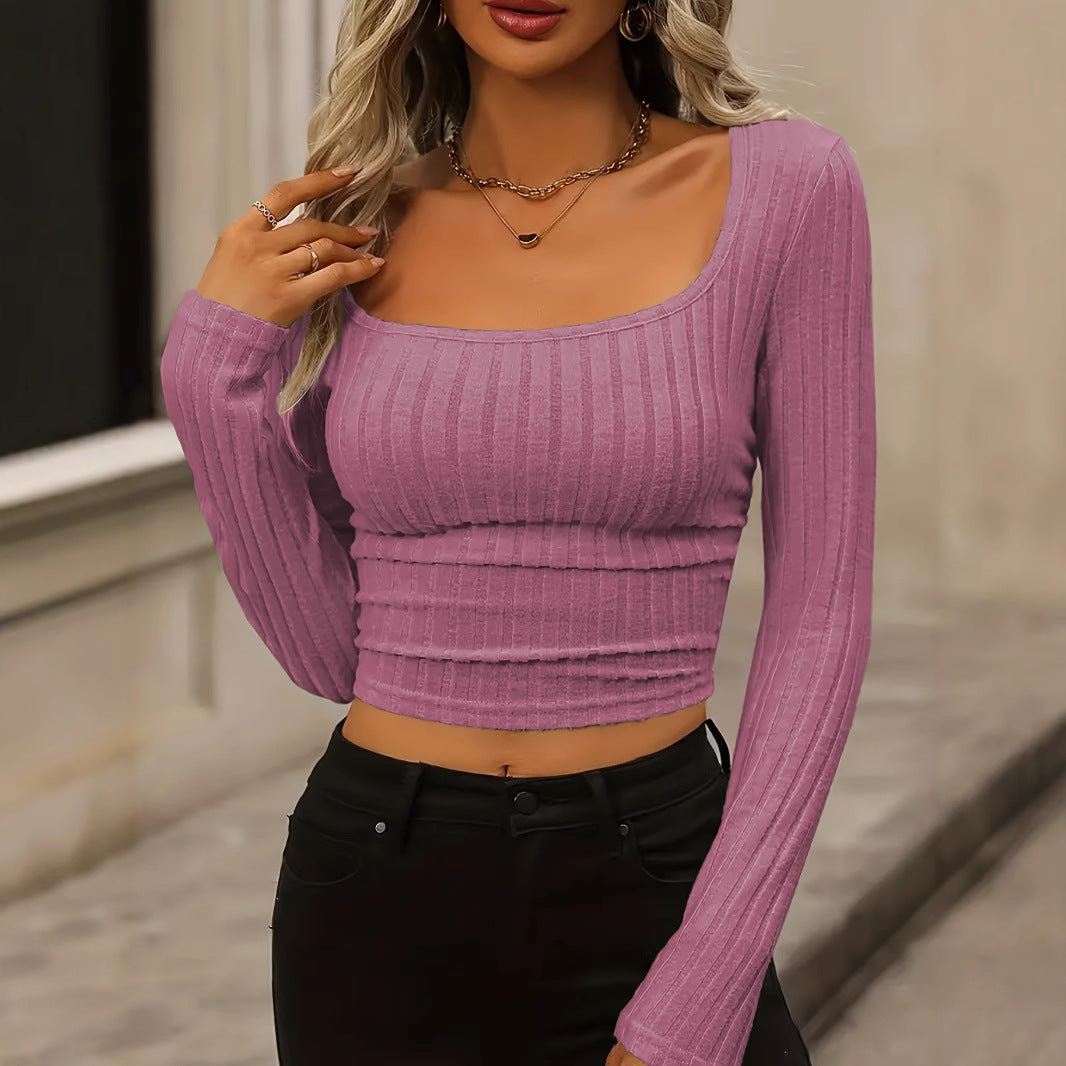 Daily Solid Color Fleece Ribbed Texture Knitted Pleated Side Slim Fit T-Shirt