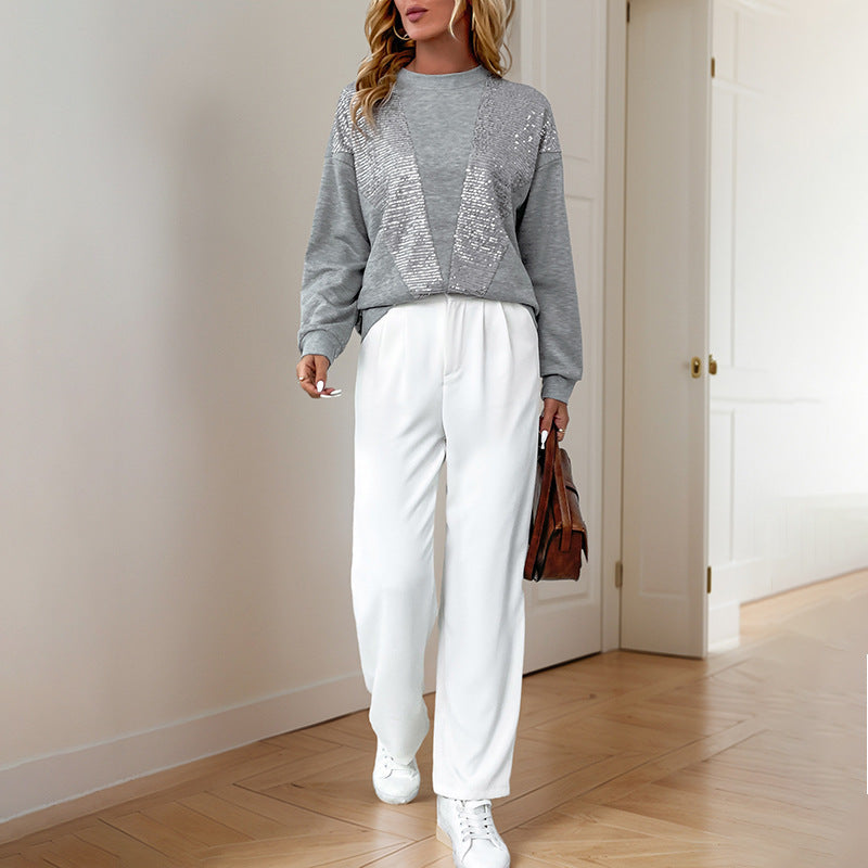 Shiny Sequin Crewneck Hoodie Women's Casual Versatile Everyday Sweatshirt