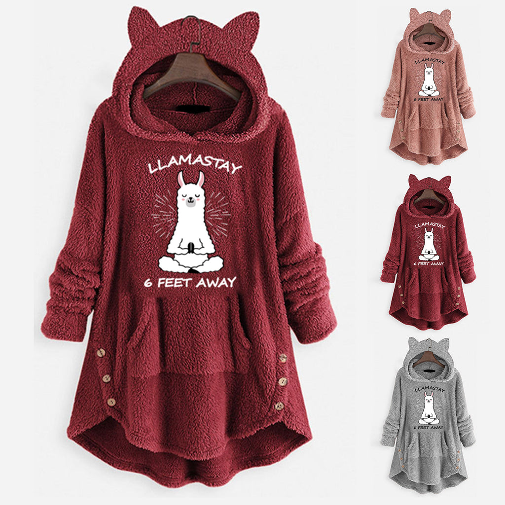 Fleece Hooded Long Sleeve Sweatshirt with Cat Ears and Print Pattern