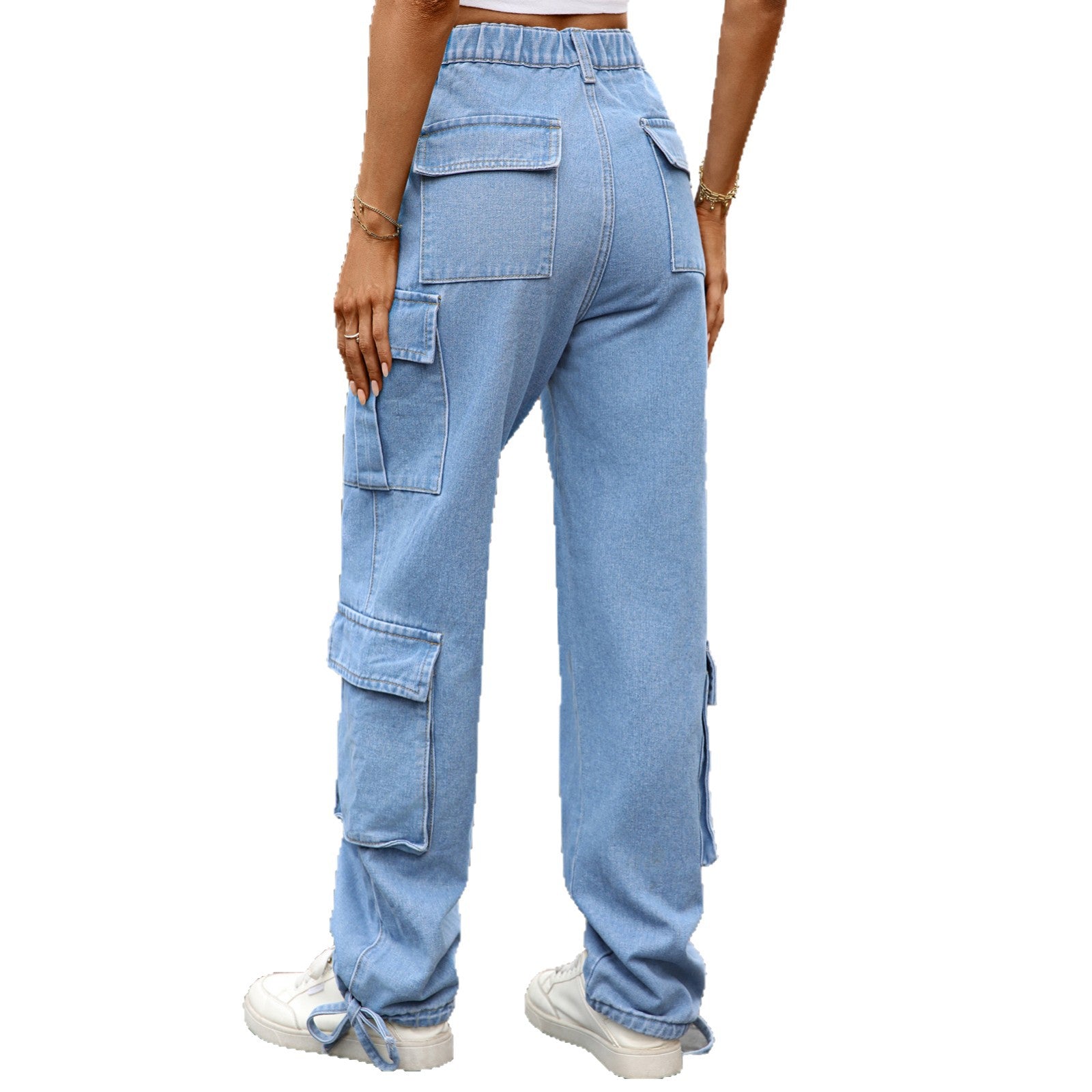 Women's Loose Drawstring Design Denim Work Pants Casual Sports
