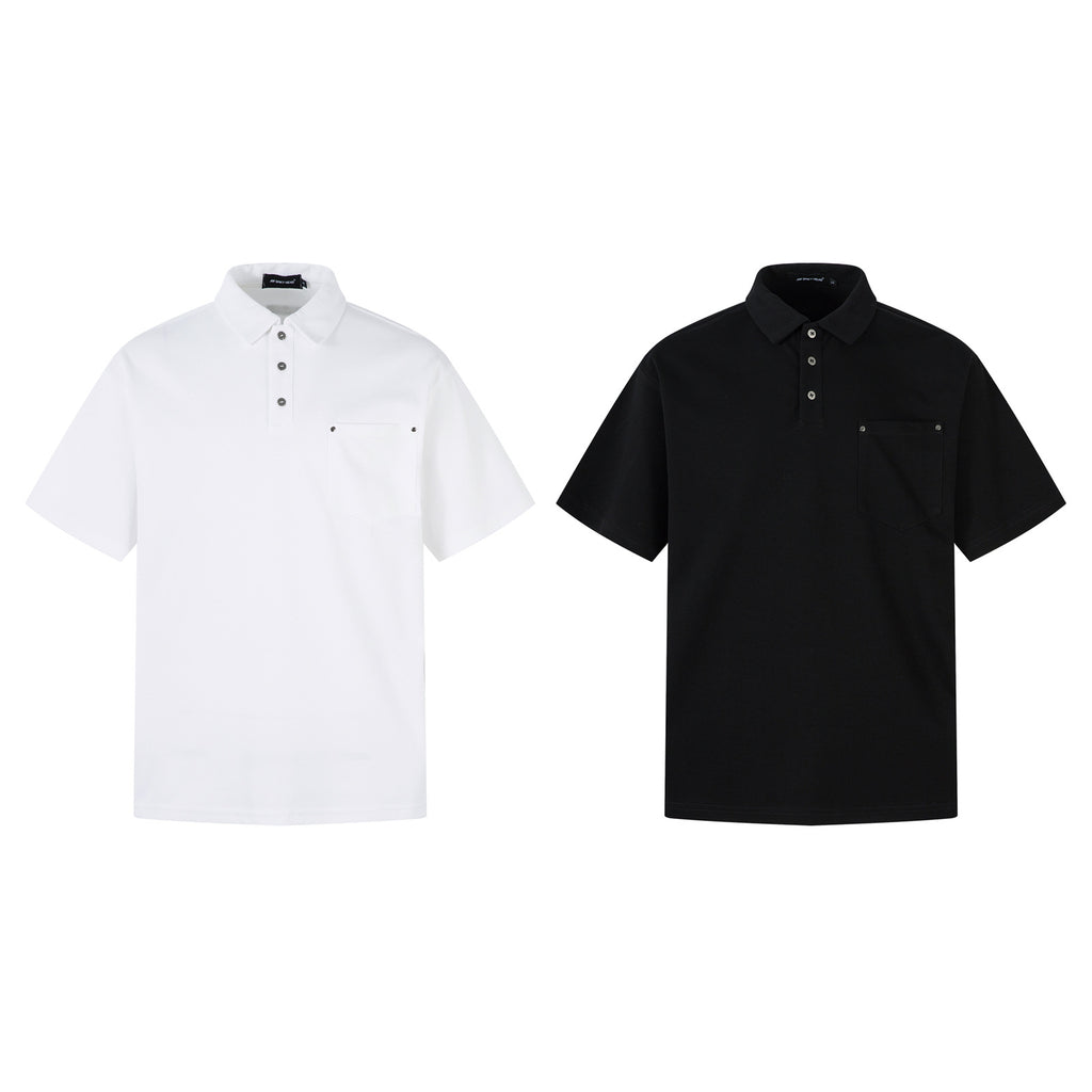 Simple Metal Decorated Turn-Down Collar Heavyweight Short Sleeve T-Shirt Men's Couple Casual Loose Fit