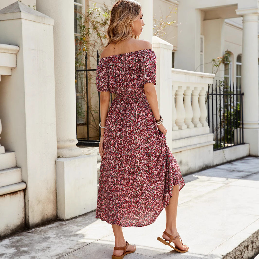 Spring Summer Women's Vacation Small Floral One-Shoulder Short Sleeve Dress Waist-Cinched Cotton Satin Rayon Mid-Length Dress