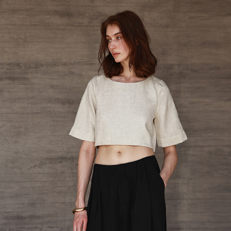 Short Linen Top Mid-Sleeve Women's Summer Round Neck Five-Quarter Sleeve Shirt Cool Casual Simple T-Shirt