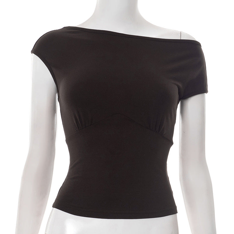 Women's Solid Color One-Shoulder Crop Top Sexy Short Sleeve T-Shirt