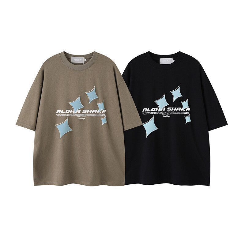 Star print round neck men's and women's loose short sleeves