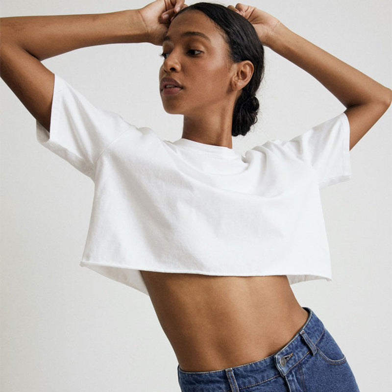 Crop Top Women Spicy Sport Style Round Neck Short Sleeve T-Shirt Pure Cotton Short Length Top Summer