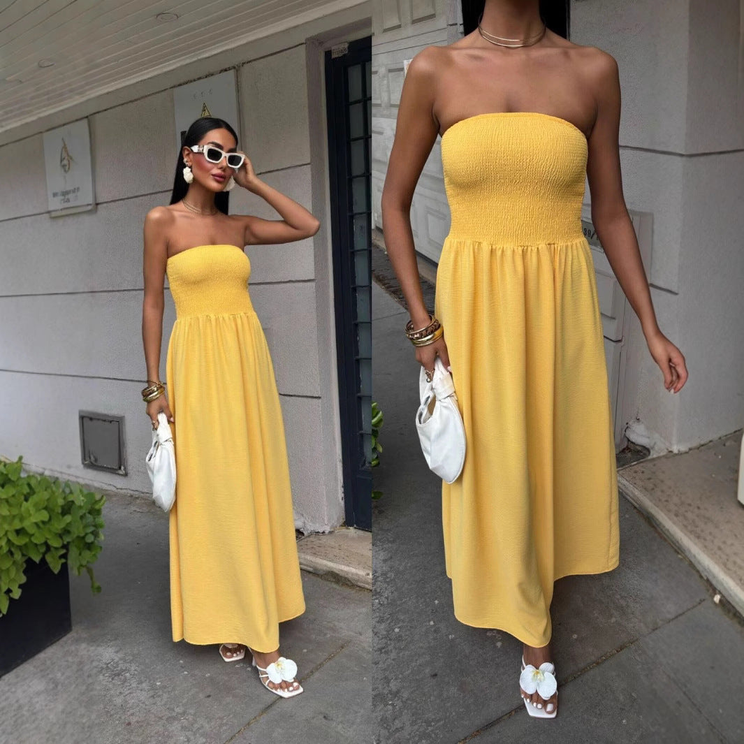 Elegant Strapless Waist-Cinched A-Line Long Dress with Backless Design for Women