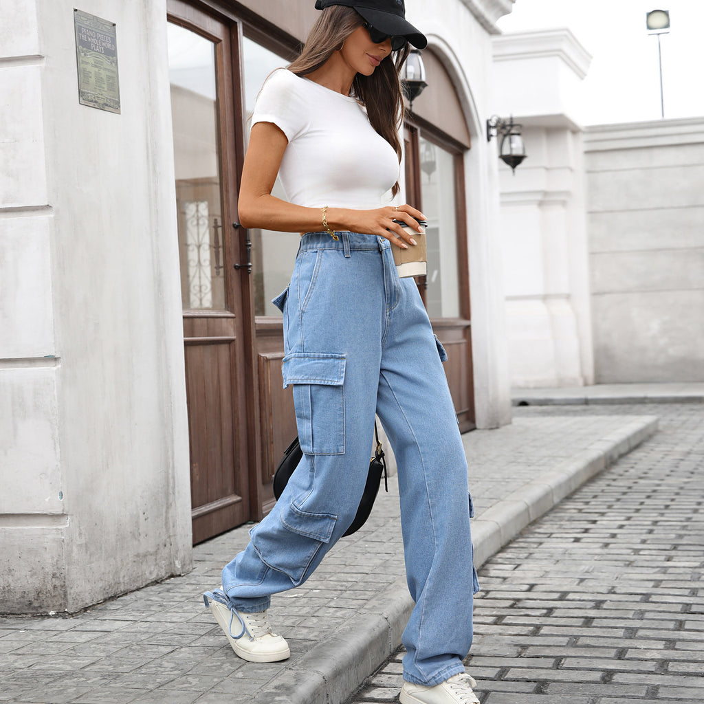Women's Loose Drawstring Design Denim Work Pants Casual Sports