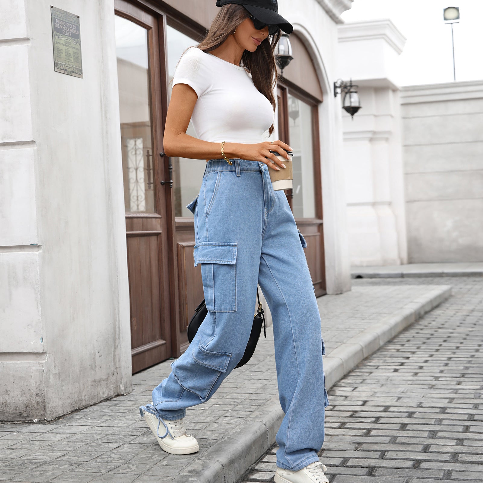 Women's Loose Drawstring Design Denim Work Pants Casual Sports