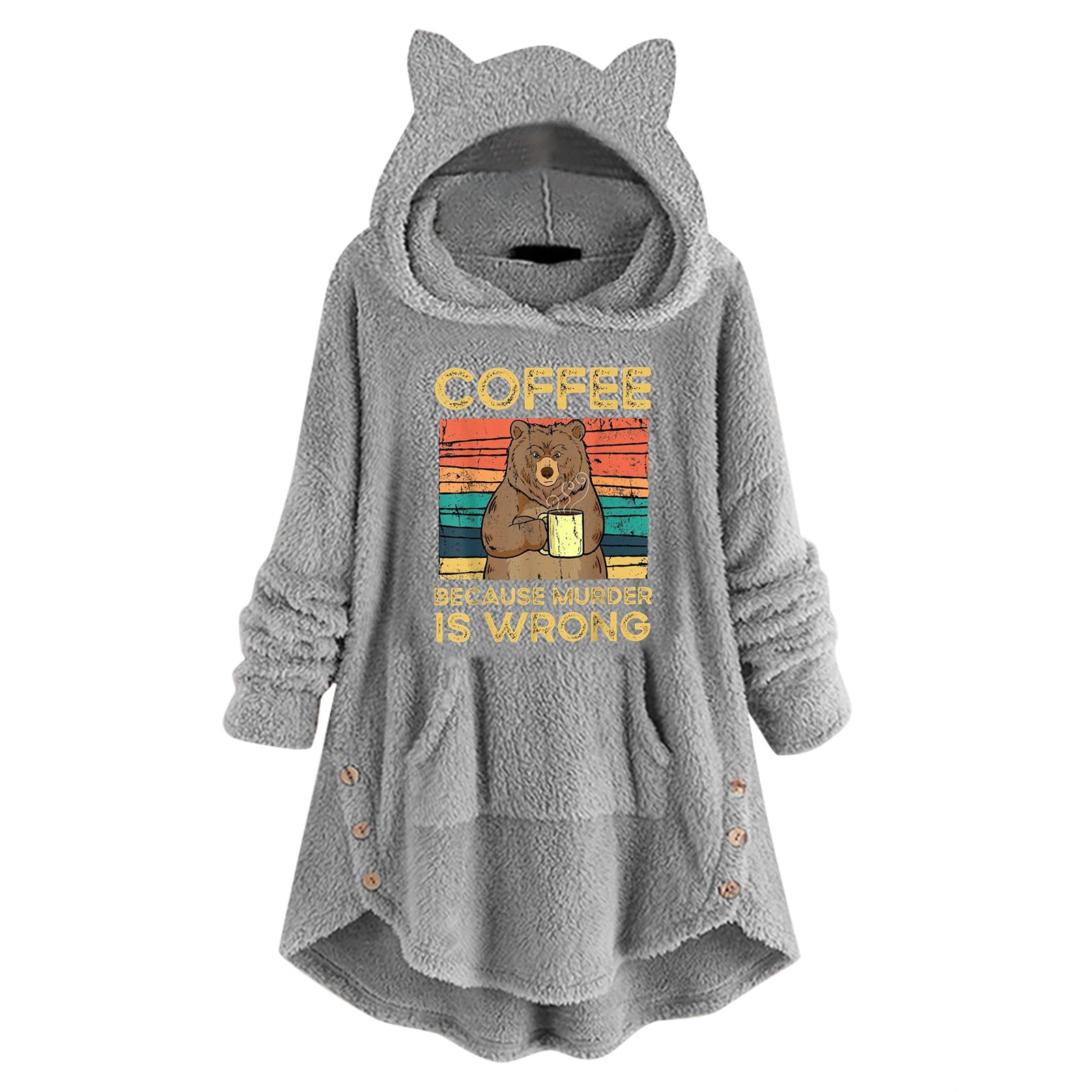 Fleece Hooded Long Sleeve Sweatshirt with Cat Ears and Print Pattern