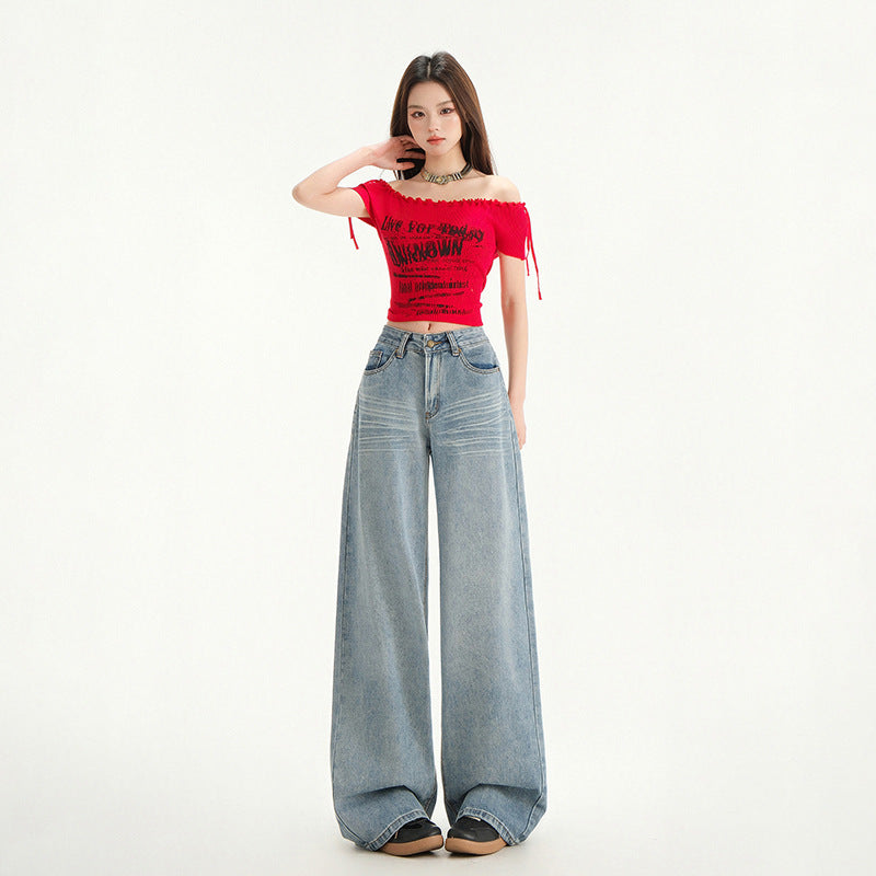Women's Wide Leg Jeans Loose Drape Washed Straight Leg Floor Length Pants