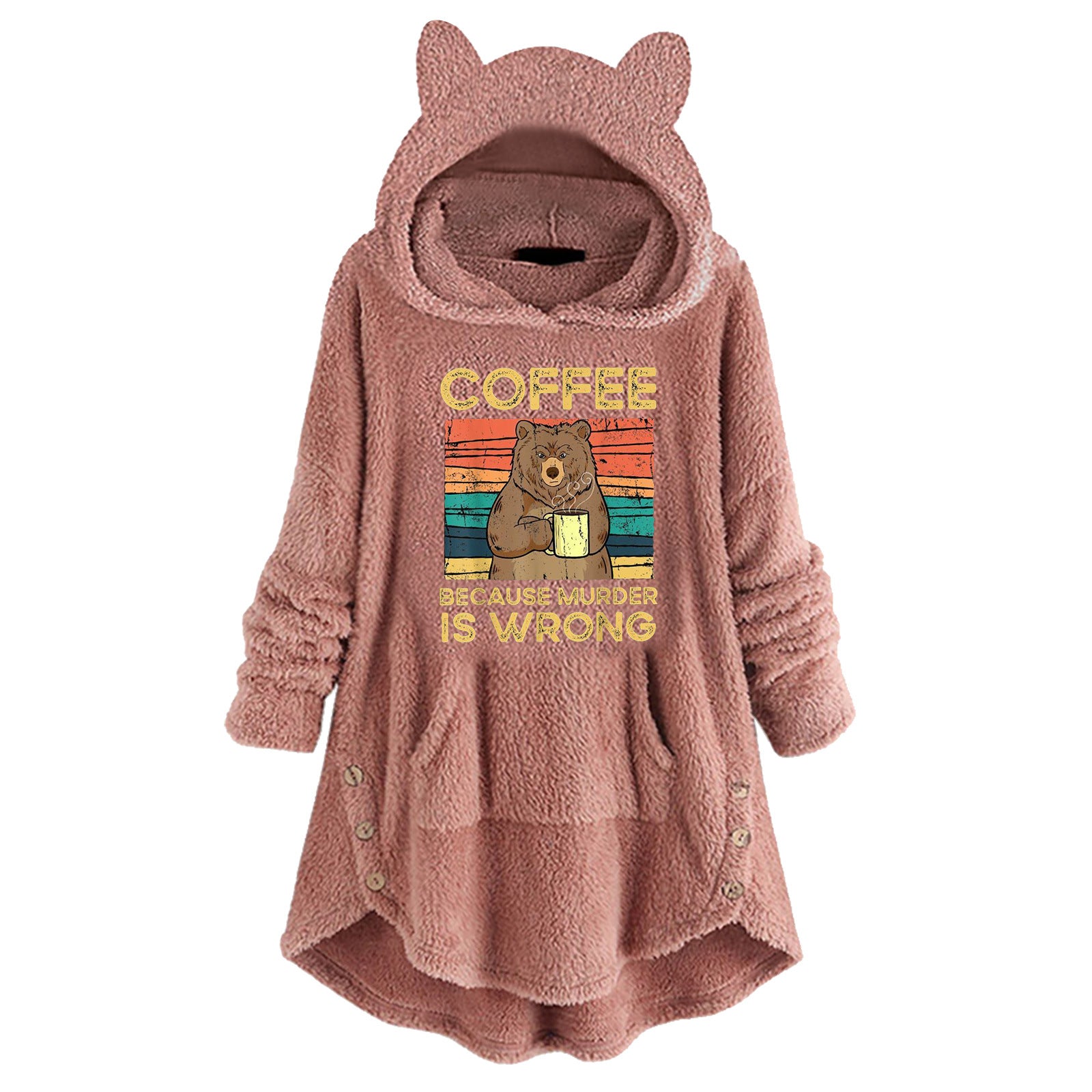 Fleece Hooded Long Sleeve Sweatshirt with Cat Ears and Print Pattern