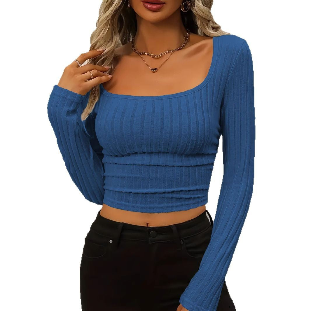 Daily Solid Color Fleece Ribbed Texture Knitted Pleated Side Slim Fit T-Shirt
