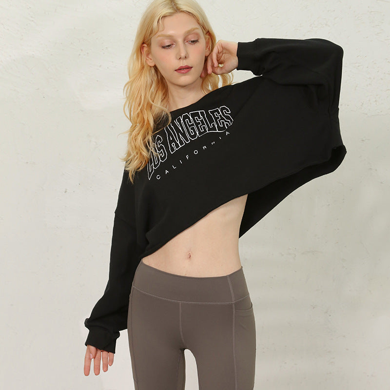 Gray Hoodie Short Length Exposed Waist Casual Drop Shoulder Women's Autumn Spring  Sport Style Loose Crop Top Long Sleeve Top