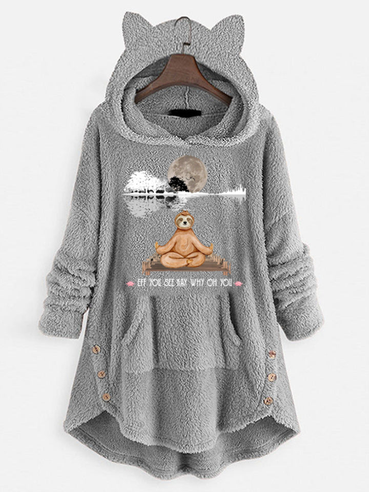 Fleece Hooded Long Sleeve Sweatshirt with Cat Ears and Print Pattern