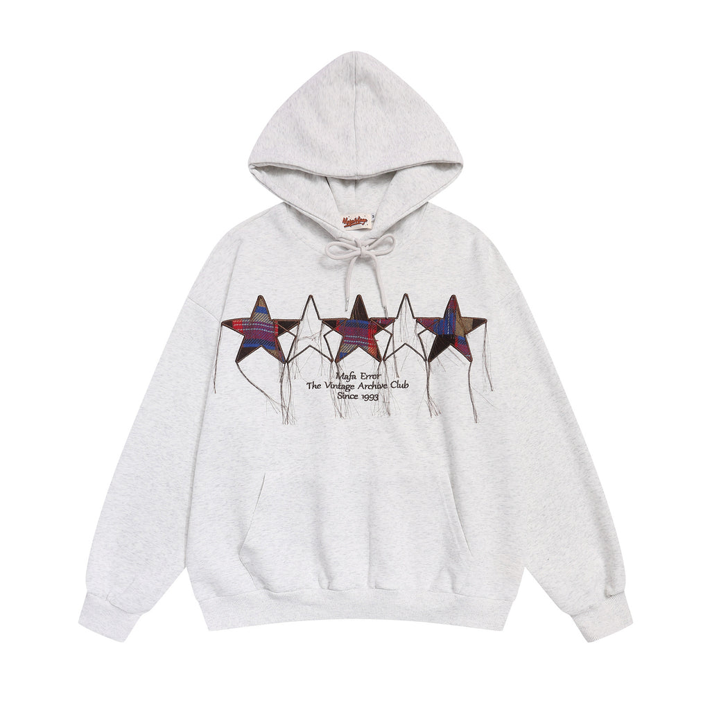 Vintage Star Embroidery Fringe Design Hoodie Unisex Casual Loose Fit Sweatshirt