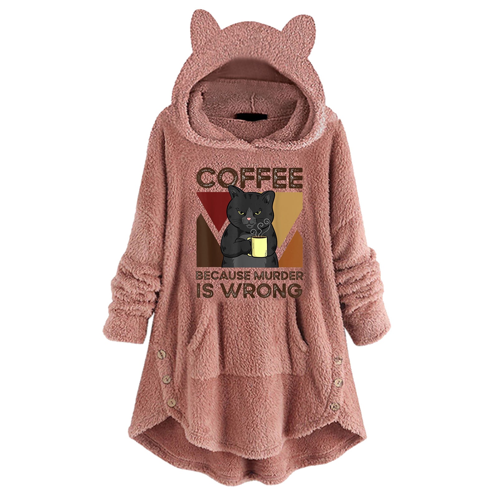 Fleece Hooded Long Sleeve Sweatshirt with Cat Ears and Print Pattern
