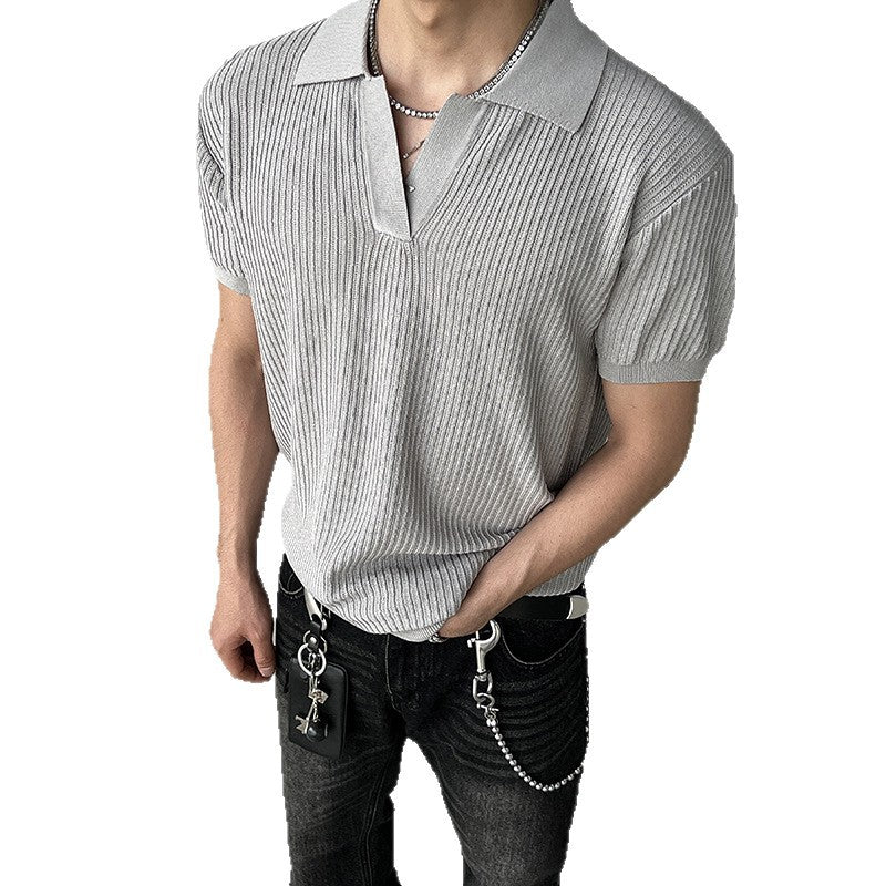 Striped texture lapel short sleeved men