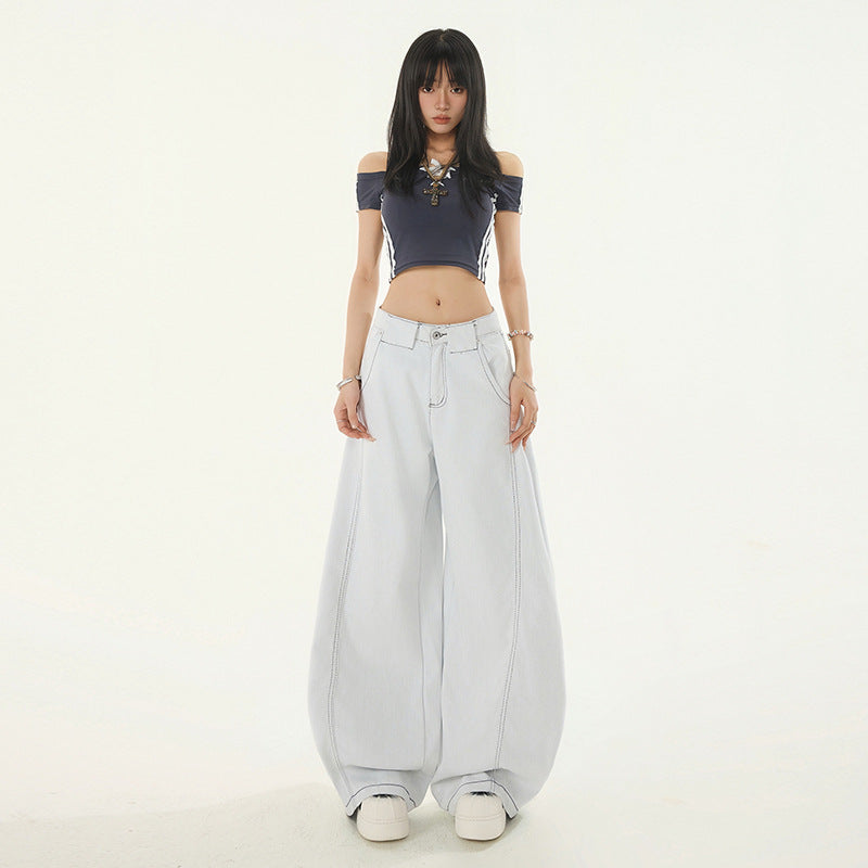 Low-Waist Knife-Edge White Jeans for Women Summer New Loose Straight High Street Wide Leg Pants