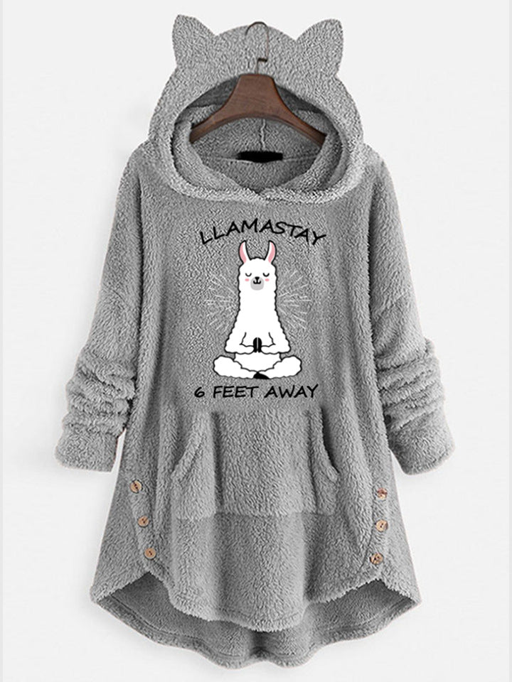 Fleece Hooded Long Sleeve Sweatshirt with Cat Ears and Print Pattern
