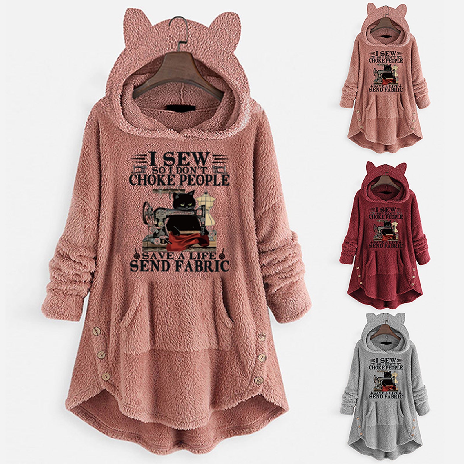 Fleece Hooded Long Sleeve Sweatshirt with Cat Ears and Print Pattern