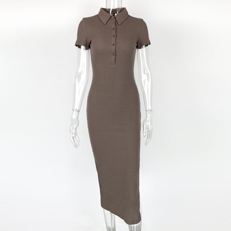 Women's collar short sleeved slit dress