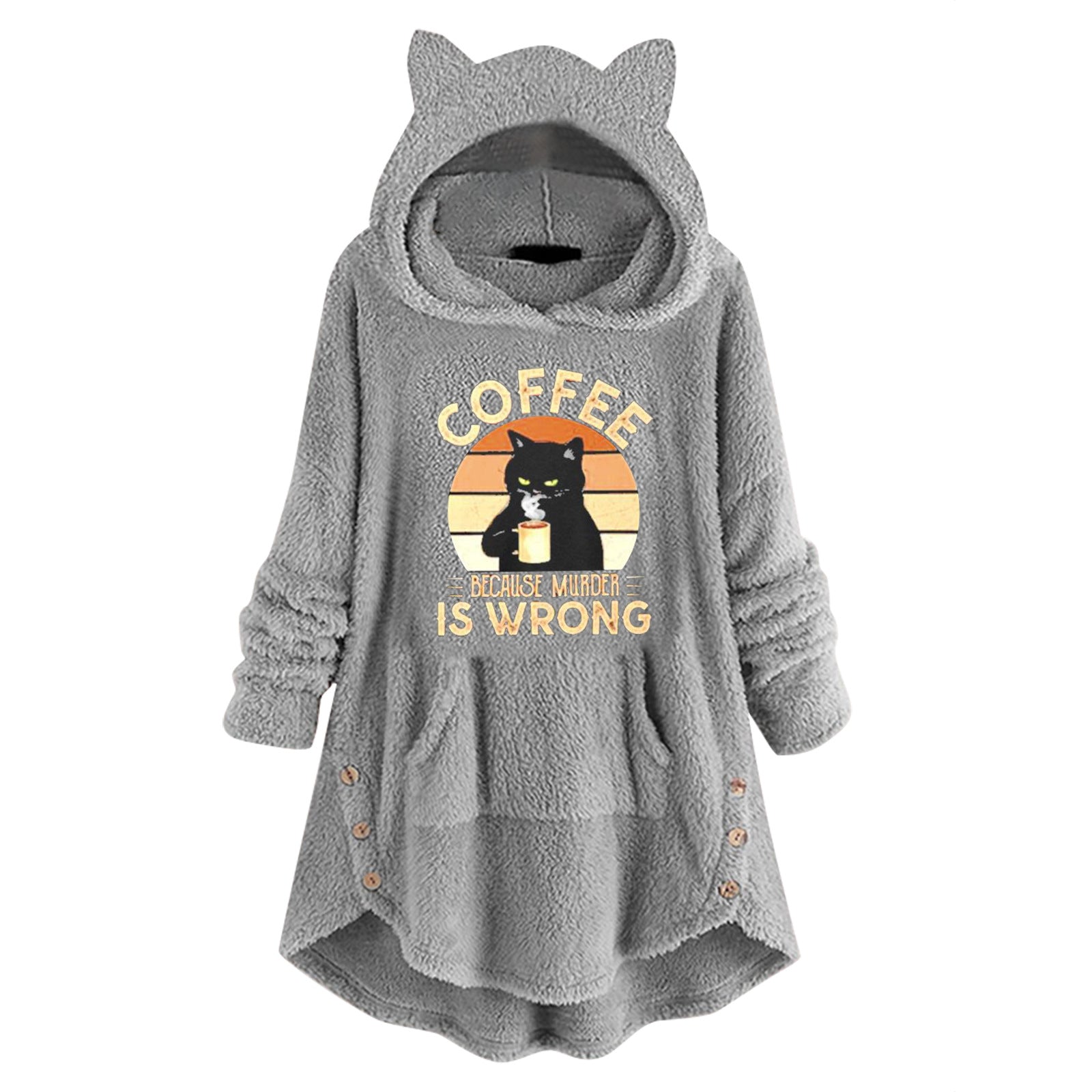 Fleece Hooded Long Sleeve Sweatshirt with Cat Ears and Print Pattern
