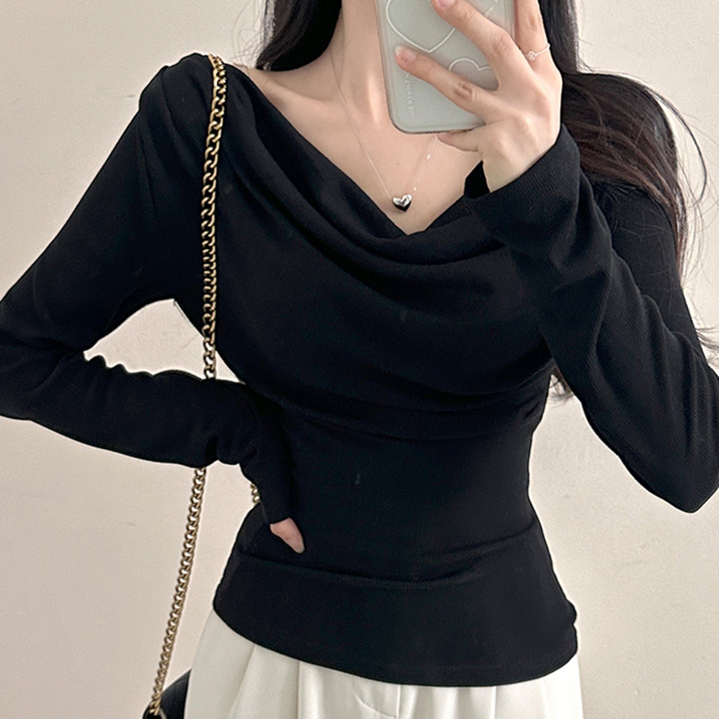 Off-Shoulder Slim Fit Long Sleeve T-Shirt Choker Neckline