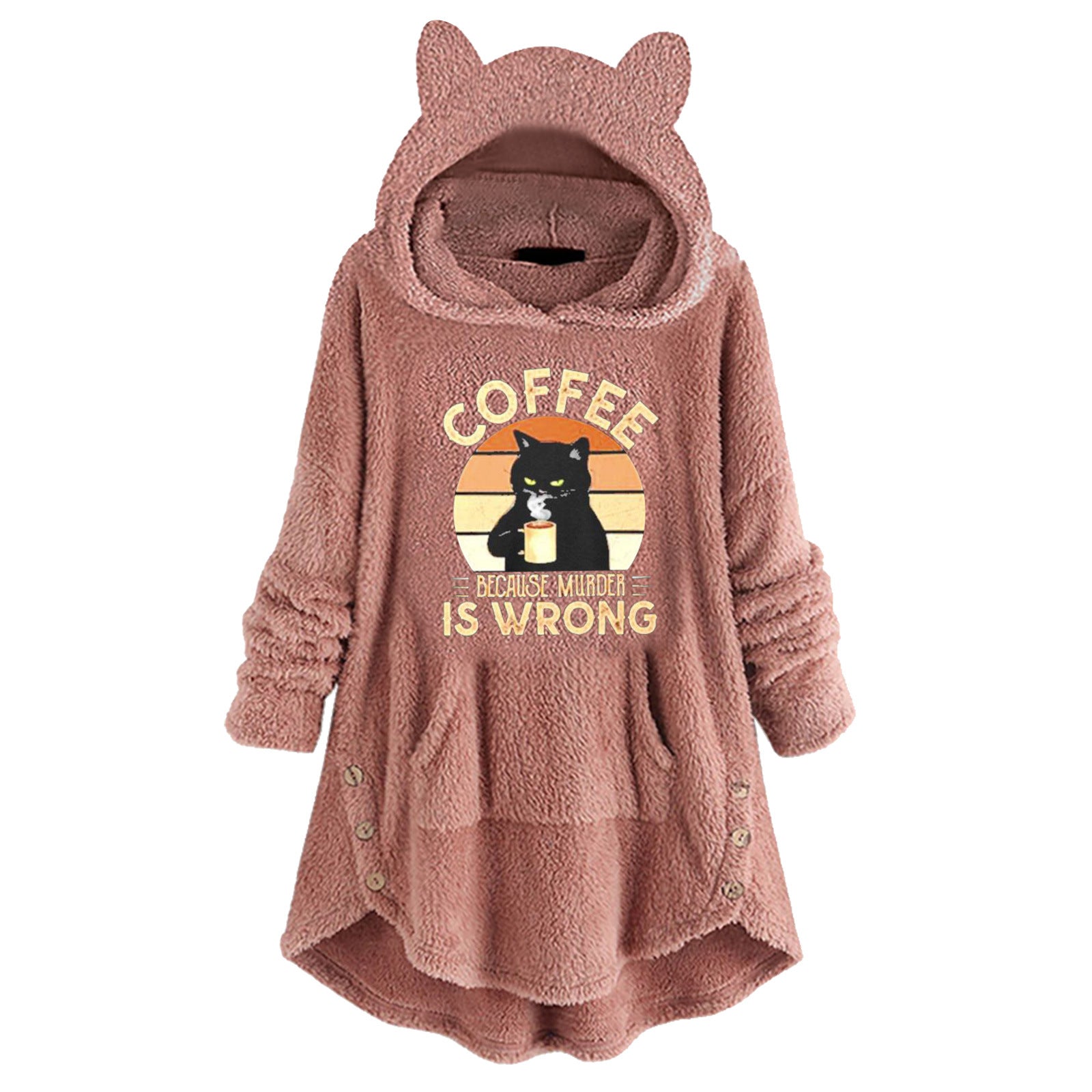 Fleece Hooded Long Sleeve Sweatshirt with Cat Ears and Print Pattern