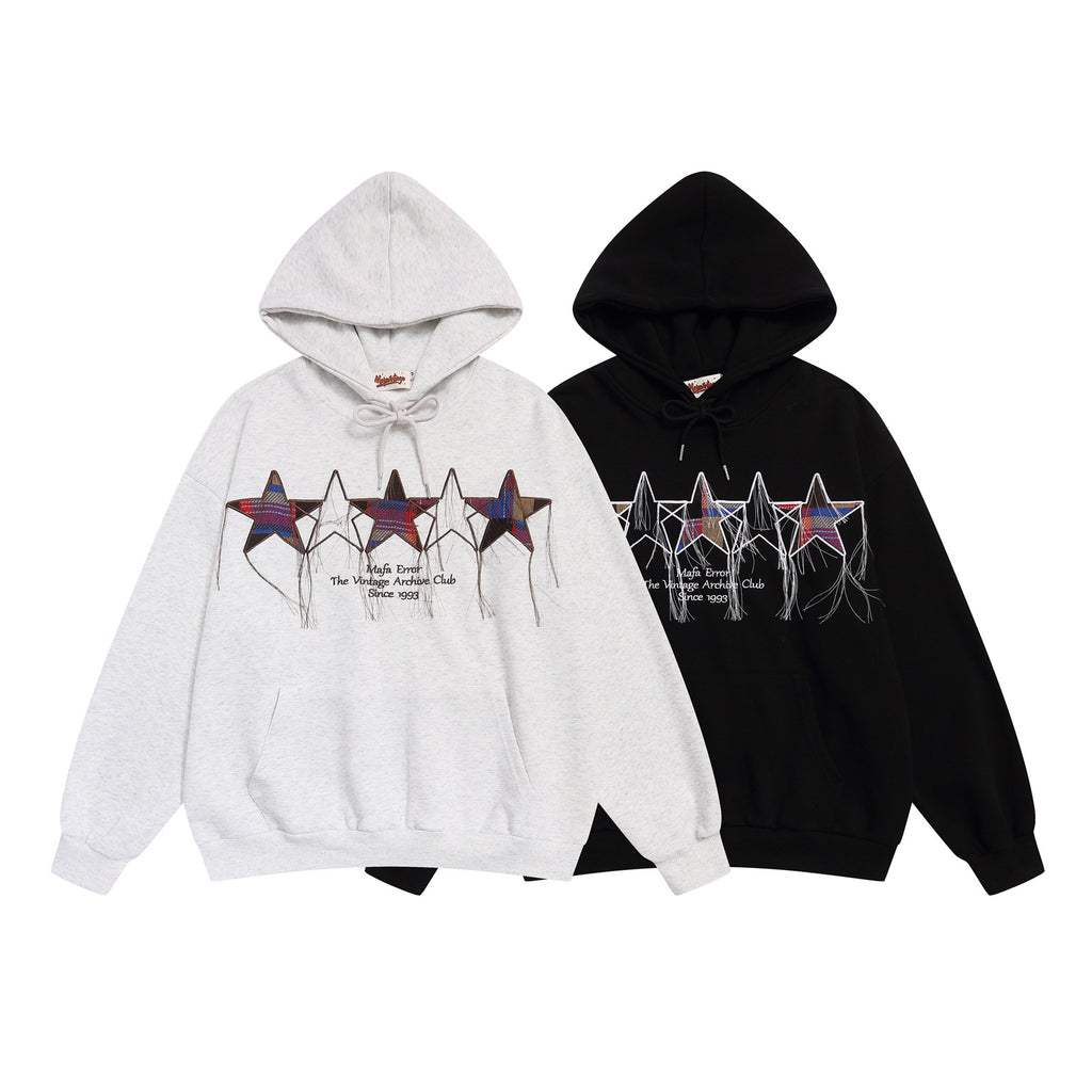 Vintage Star Embroidery Fringe Design Hoodie Unisex Casual Loose Fit Sweatshirt