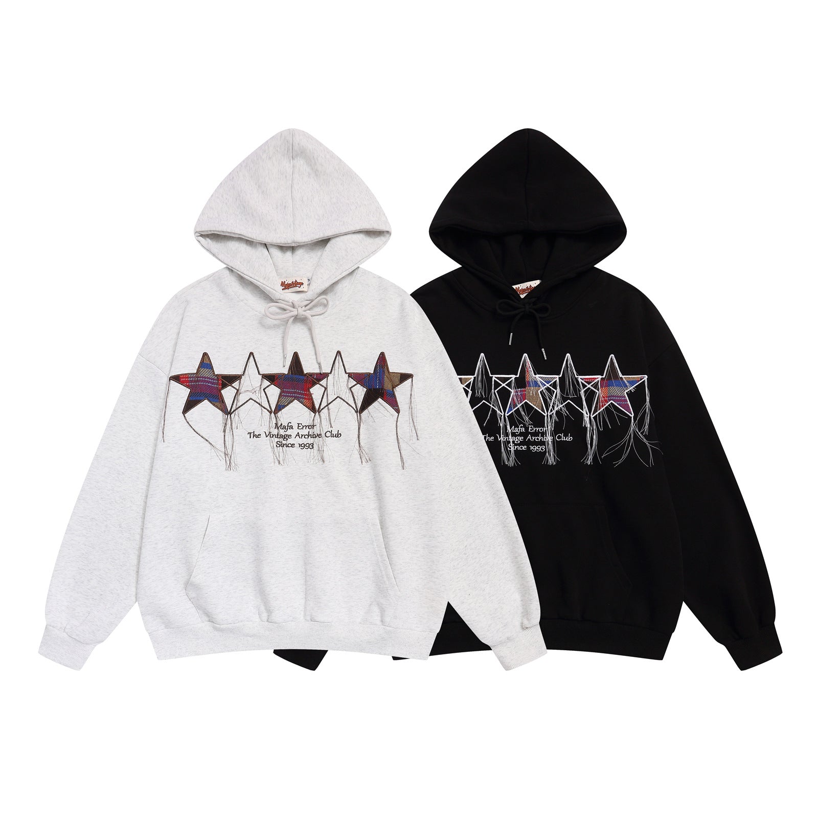 Vintage Star Embroidery Fringe Design Hoodie Unisex Casual Loose Fit Sweatshirt