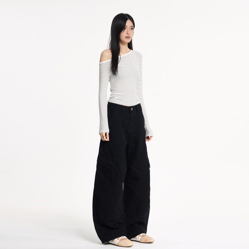 Streetwear Deconstructed Distressed Wide-Leg Cargo Pants for Women, Loose Floor-Length Casual Knife-Edge Trousers