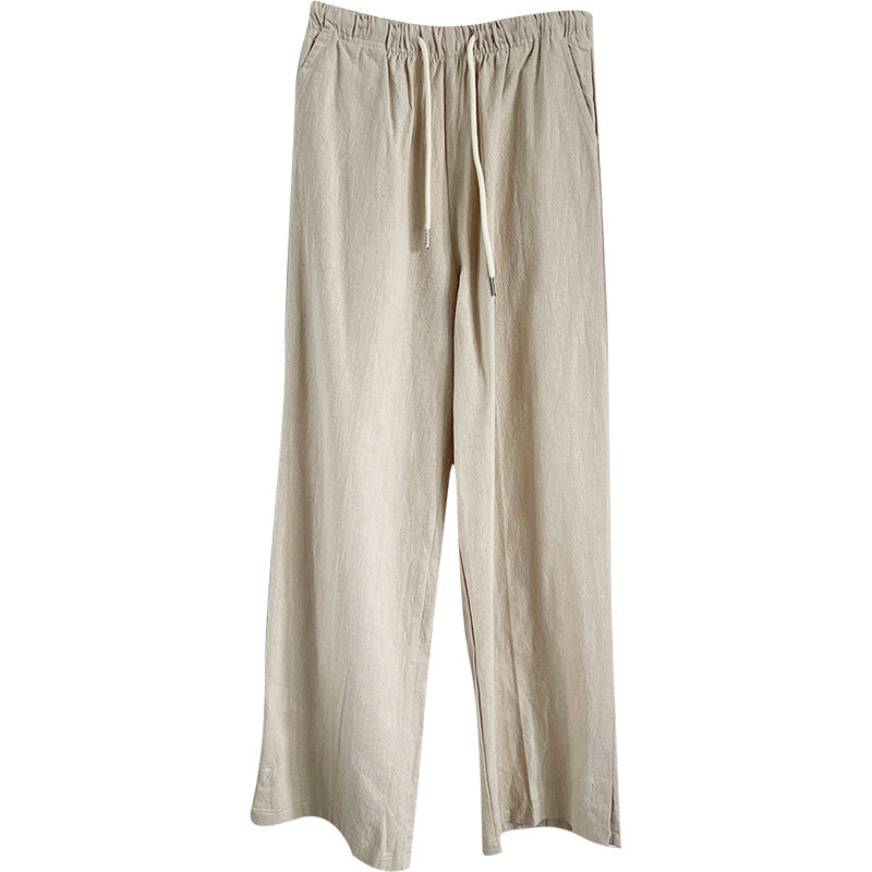 Cotton Linen High-Waist Drawstring Elastic Waist Casual Pants Women Loose Ankle-Length Trousers Summer New Breathable Slimming Straight Leg Pants