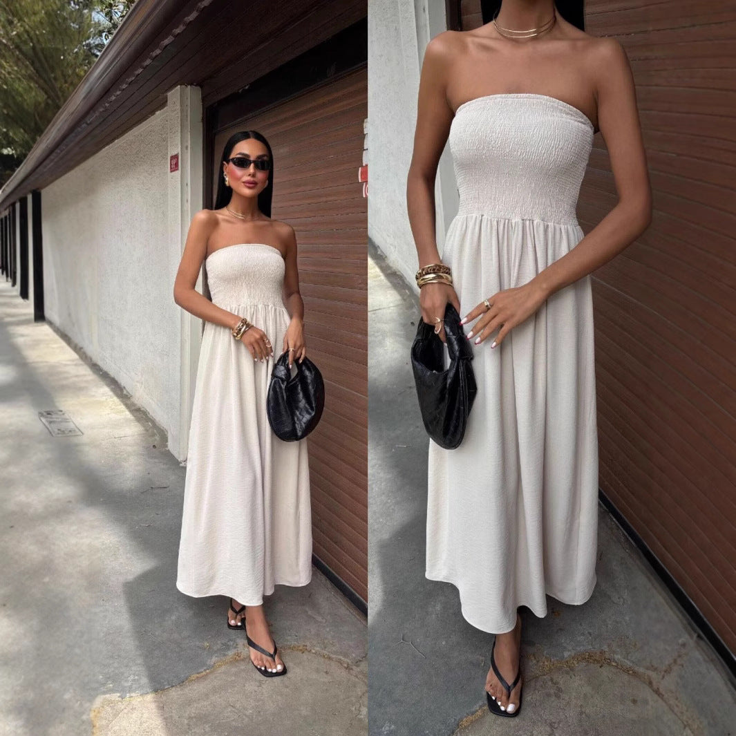 Elegant Strapless Waist-Cinched A-Line Long Dress with Backless Design for Women