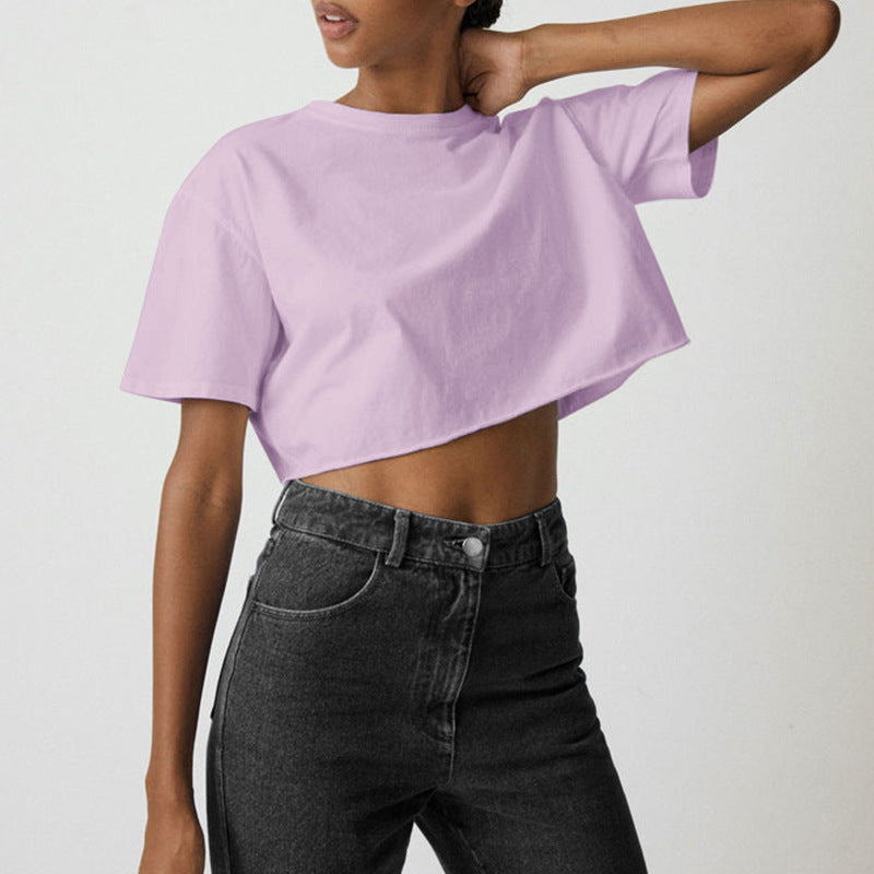 Crop Top Women Spicy Sport Style Round Neck Short Sleeve T-Shirt Pure Cotton Short Length Top Summer