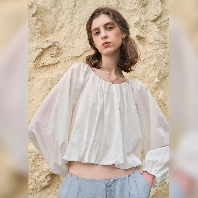 French Cotton Bubble Sleeve Top, Simple Crew Neck Long Sleeve Crop Blouse for Women