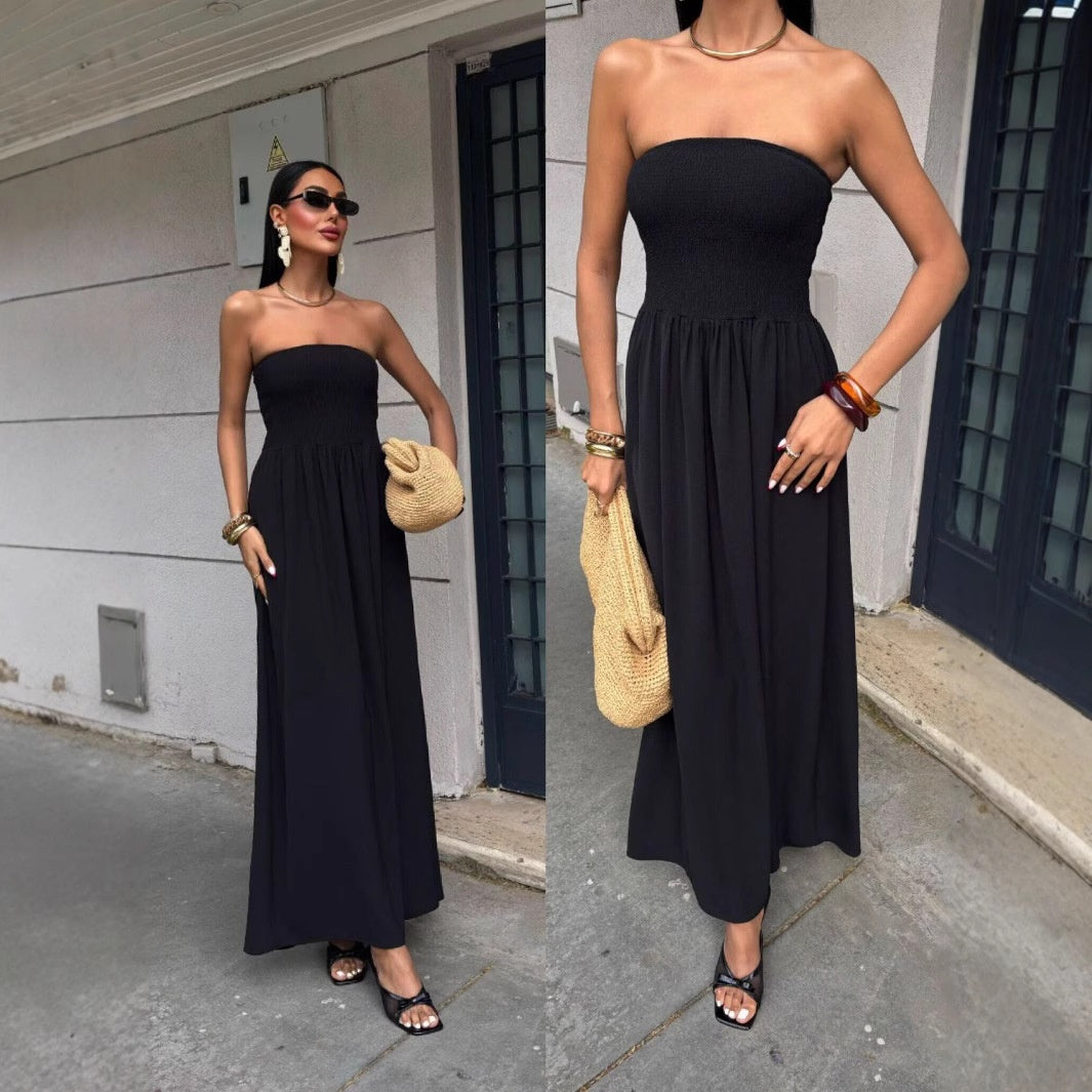 Elegant Strapless Waist-Cinched A-Line Long Dress with Backless Design for Women