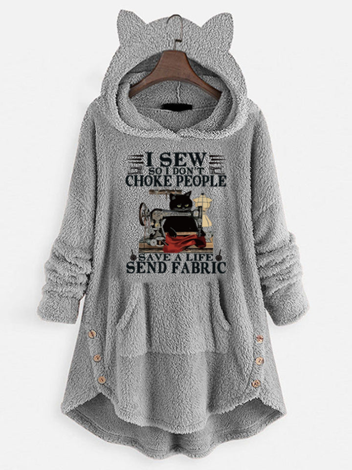 Fleece Hooded Long Sleeve Sweatshirt with Cat Ears and Print Pattern