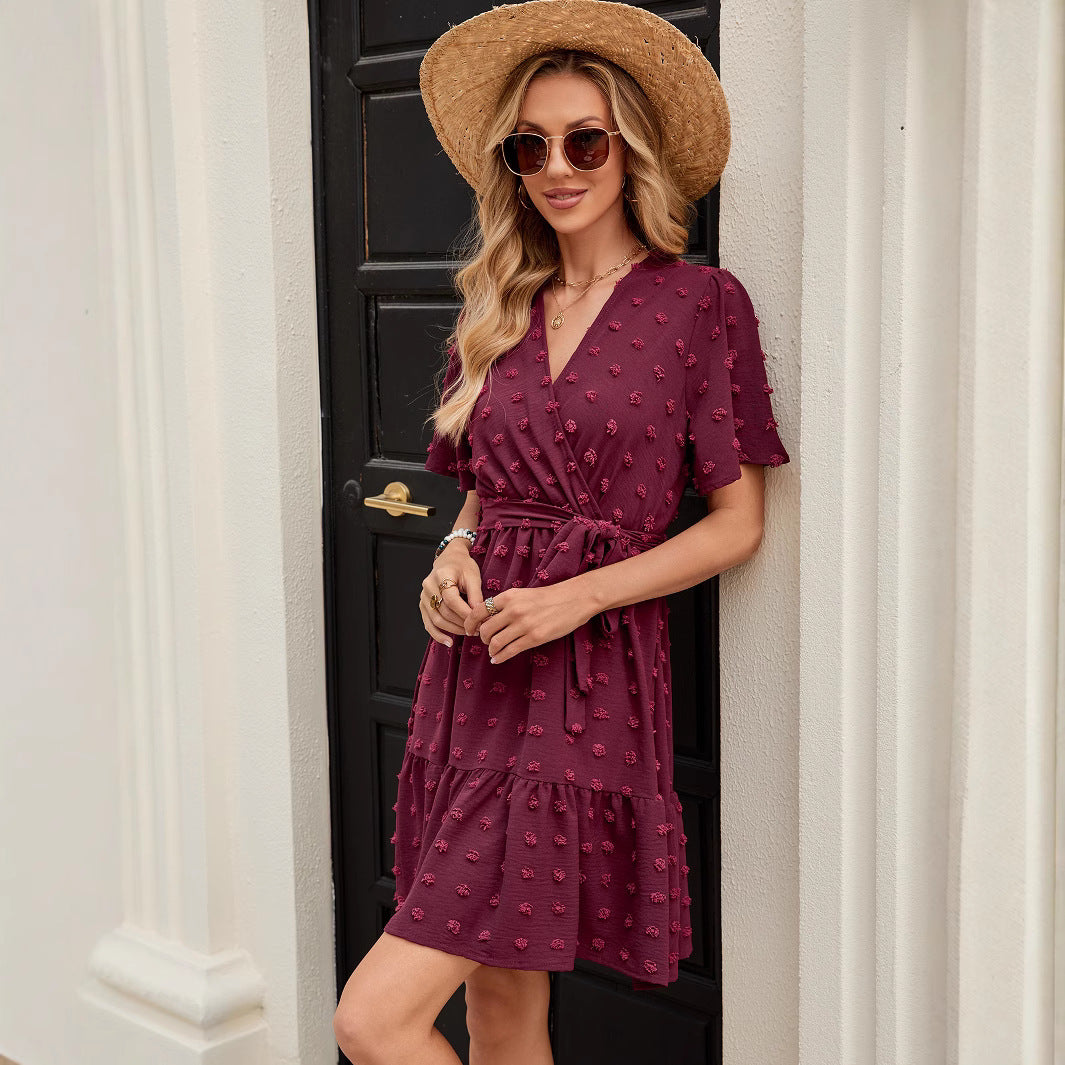 Style Ball Fringe Ruffle Sleeve V-neck Waist-tied Dress Midi Dress