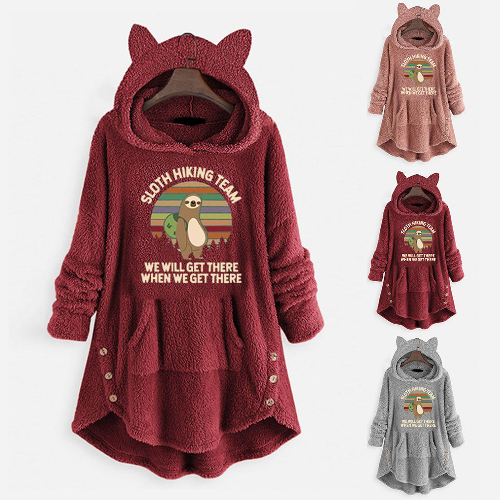 Fleece Hooded Long Sleeve Sweatshirt with Cat Ears and Print Pattern