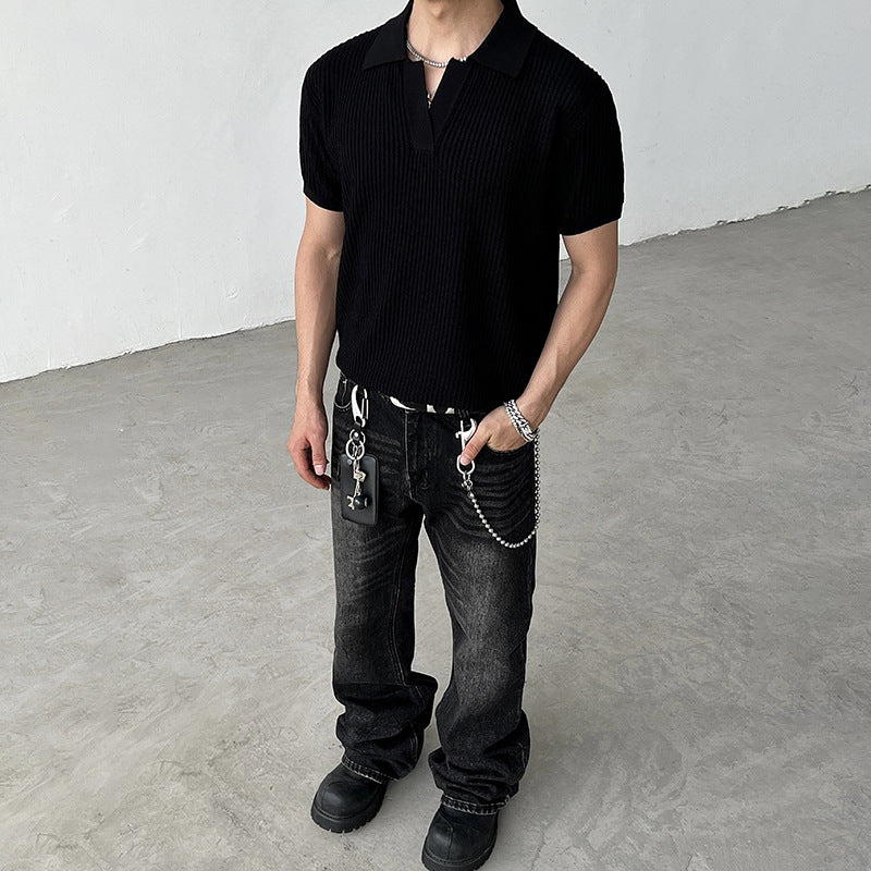 Striped texture lapel short sleeved men
