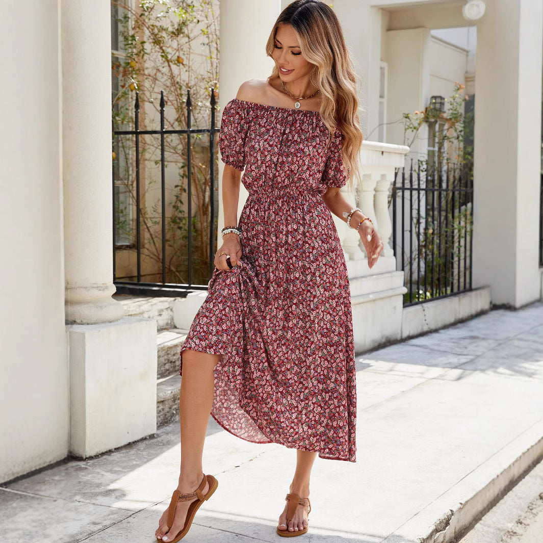 Spring Summer Women's Vacation Small Floral One-Shoulder Short Sleeve Dress Waist-Cinched Cotton Satin Rayon Mid-Length Dress