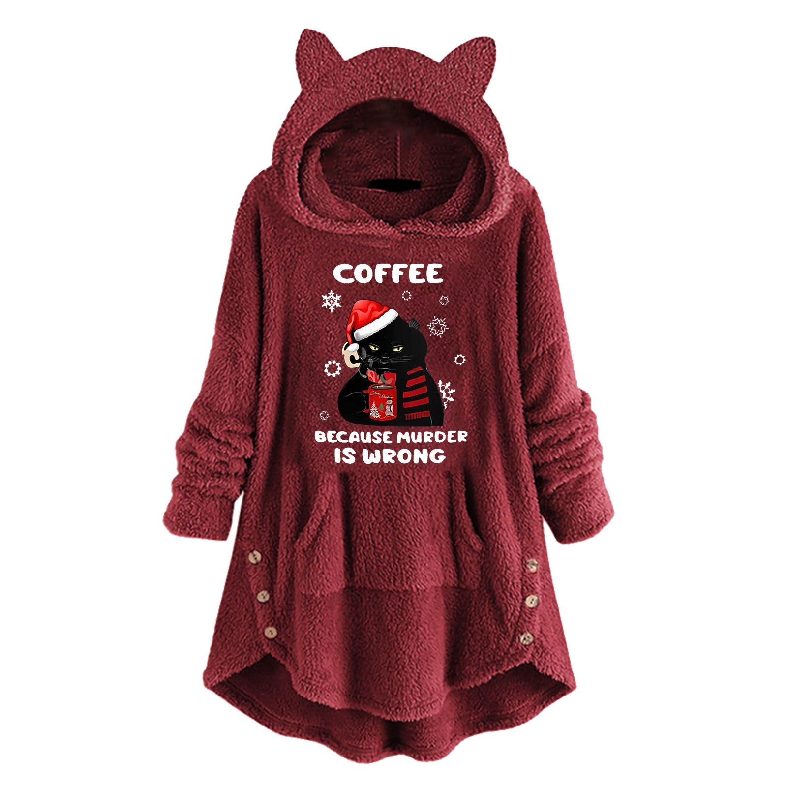 Fleece Hooded Long Sleeve Sweatshirt with Cat Ears and Print Pattern