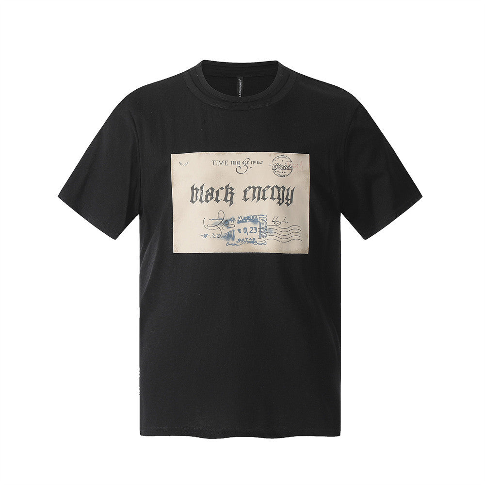 Vintage Postcard Print Short Sleeve T-Shirt Men's Summer Loose Street Casual Crew Neck Half Sleeve Top
